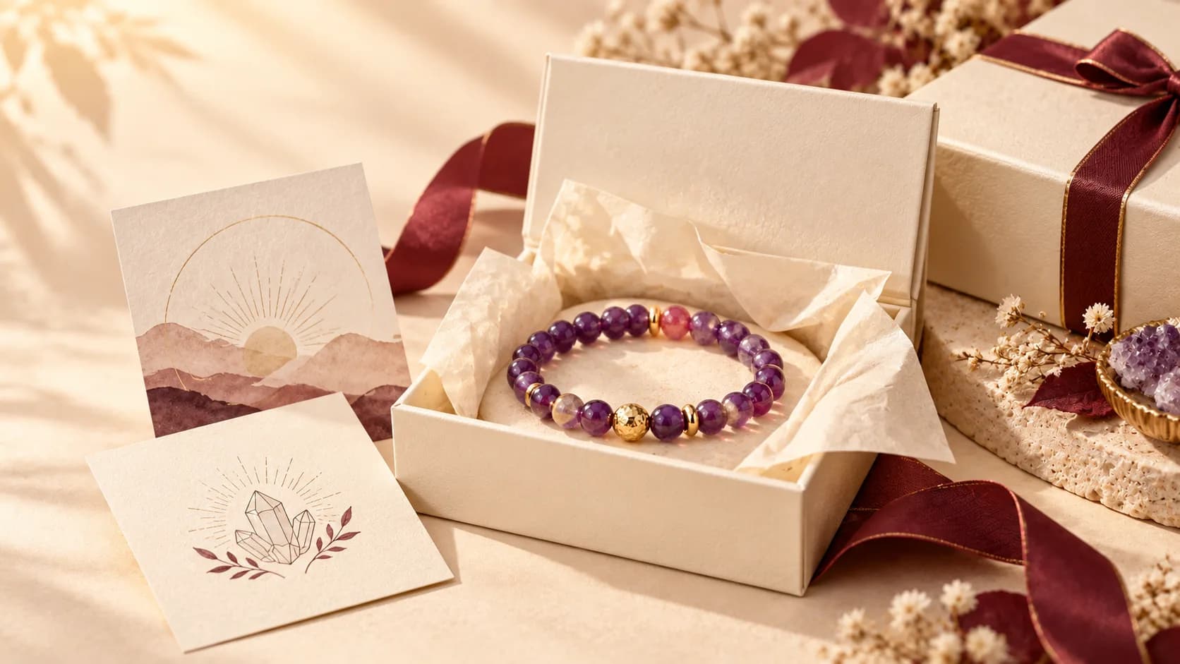 Keepsake box, intention cards and ribbon laid out as a gift set