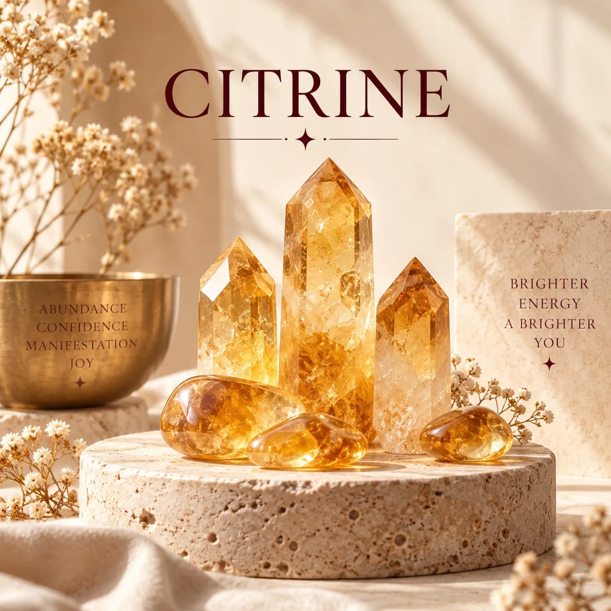Golden citrine points and tumbled stones on a travertine plinth beside a brass bowl, with "Citrine" set in maroon serif