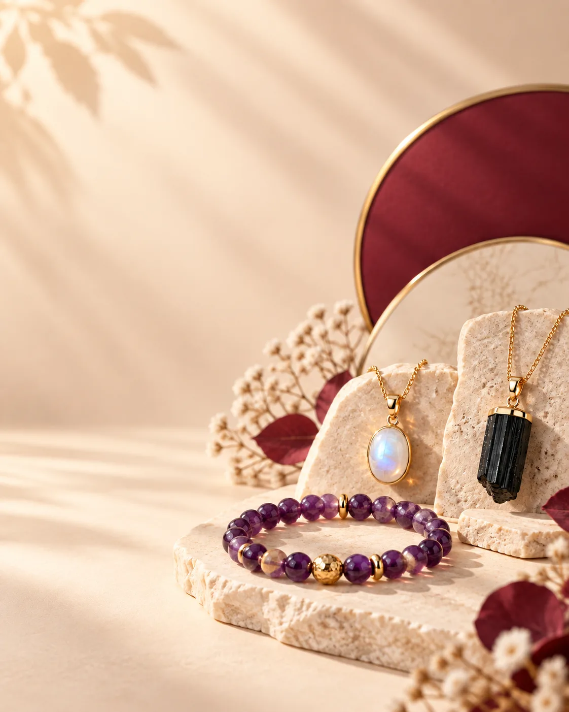 Amethyst beaded bracelet, moonstone pendant and black tourmaline pendant arranged on travertine stone in warm light